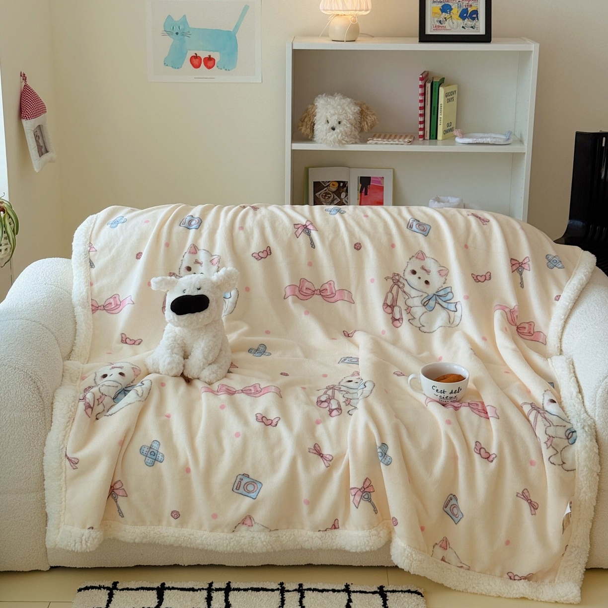 91家纺网 家纺一手货源 找家纺 顾里家纺 2025新款ins韩系少女牛奶羊羔绒盖毯毛毯 洛丽猫咪