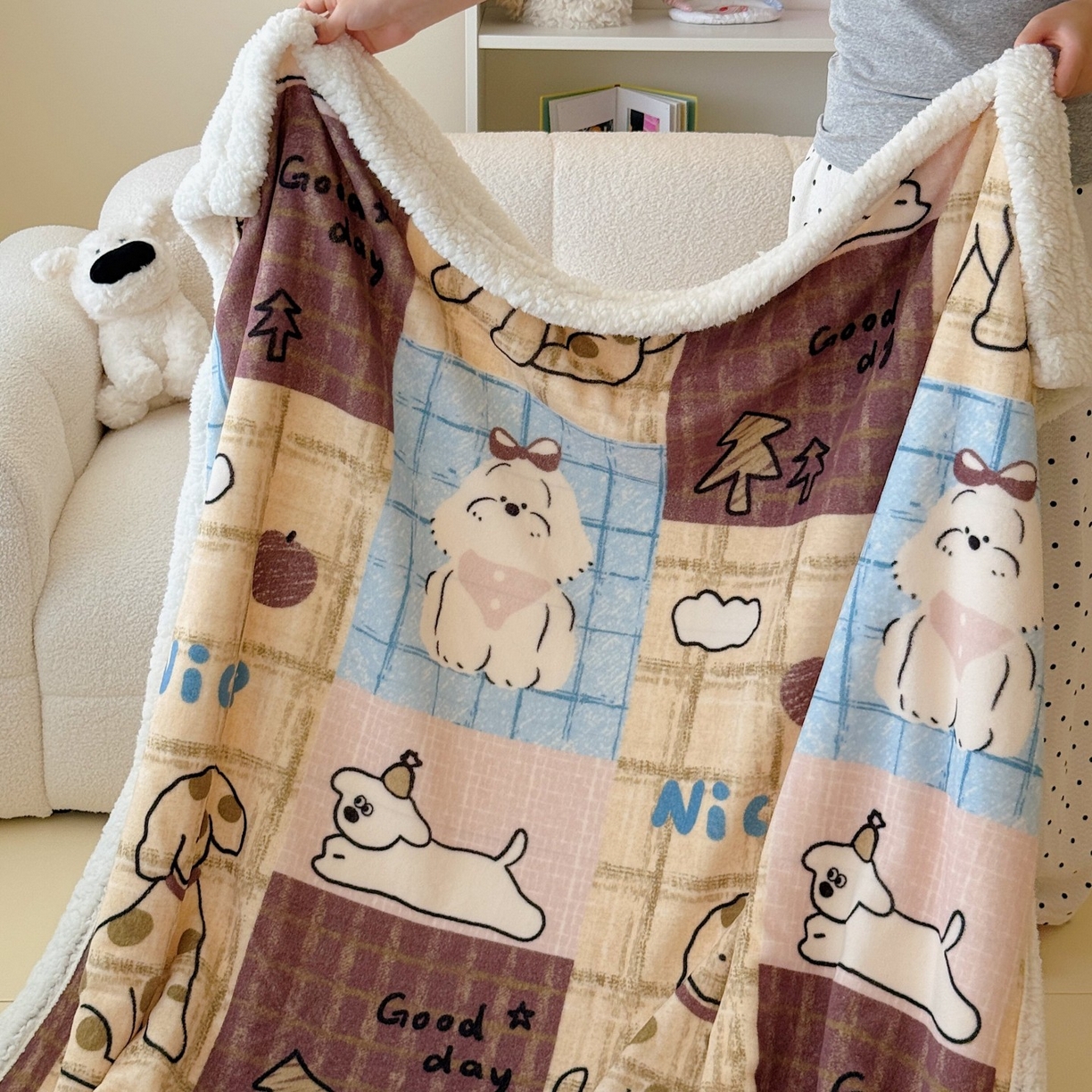 91家纺网 家纺一手货源 找家纺 顾里家纺 2025新款ins韩系少女牛奶羊羔绒盖毯毛毯 美式狗仔