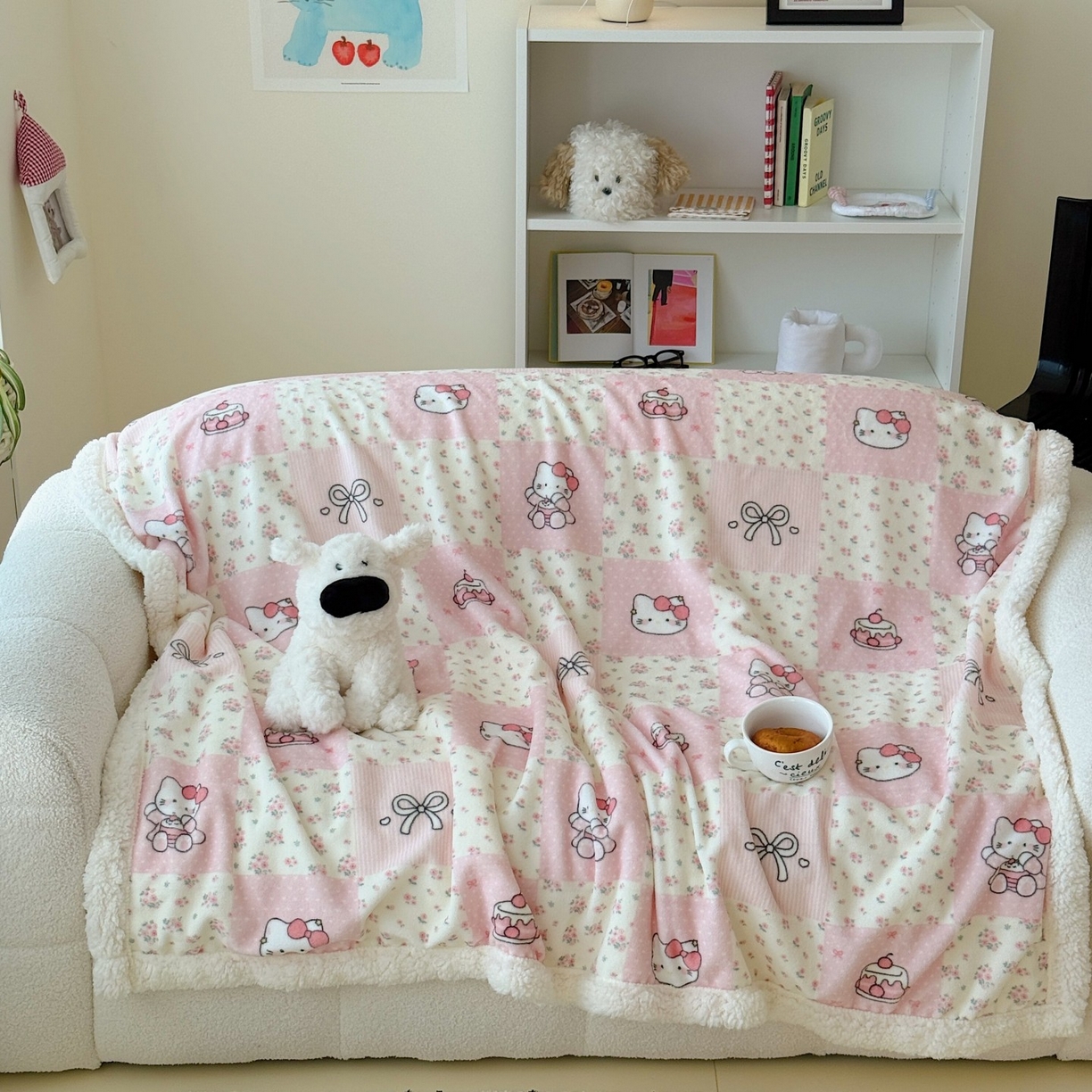 91家纺网 家纺一手货源 找家纺 顾里家纺 2025新款ins韩系少女牛奶羊羔绒盖毯毛毯 碎花拼接猫咪