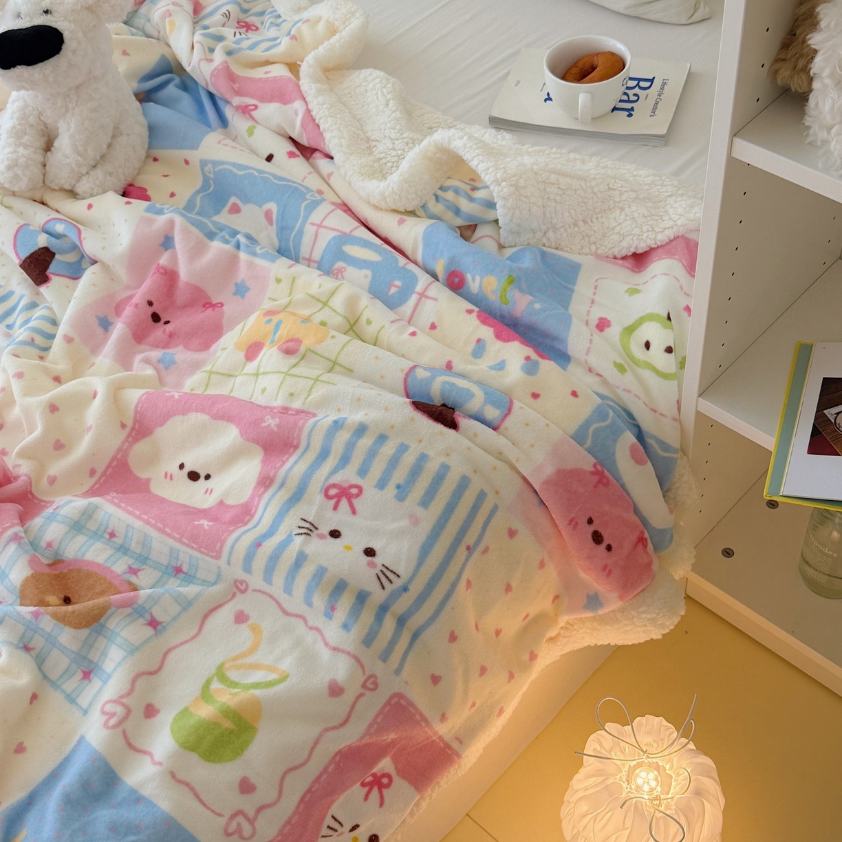 91家纺网 家纺一手货源 找家纺 顾里家纺 2025新款ins韩系少女牛奶羊羔绒盖毯毛毯 拼接猫狗