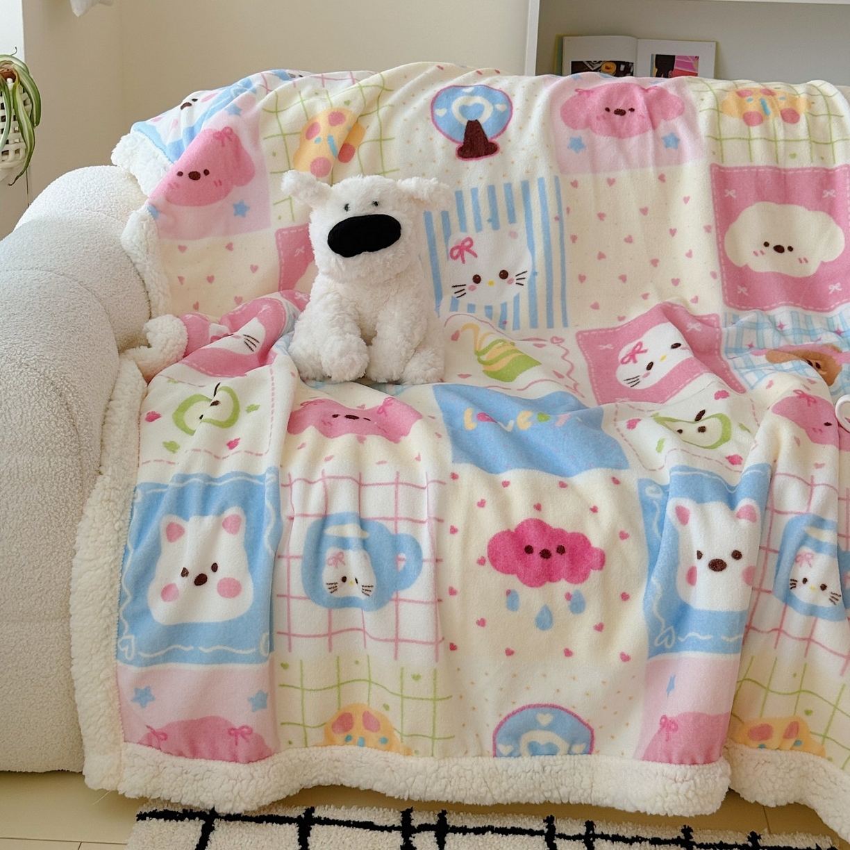 91家纺网 家纺一手货源 找家纺 顾里家纺 2025新款ins韩系少女牛奶羊羔绒盖毯毛毯 拼接猫狗