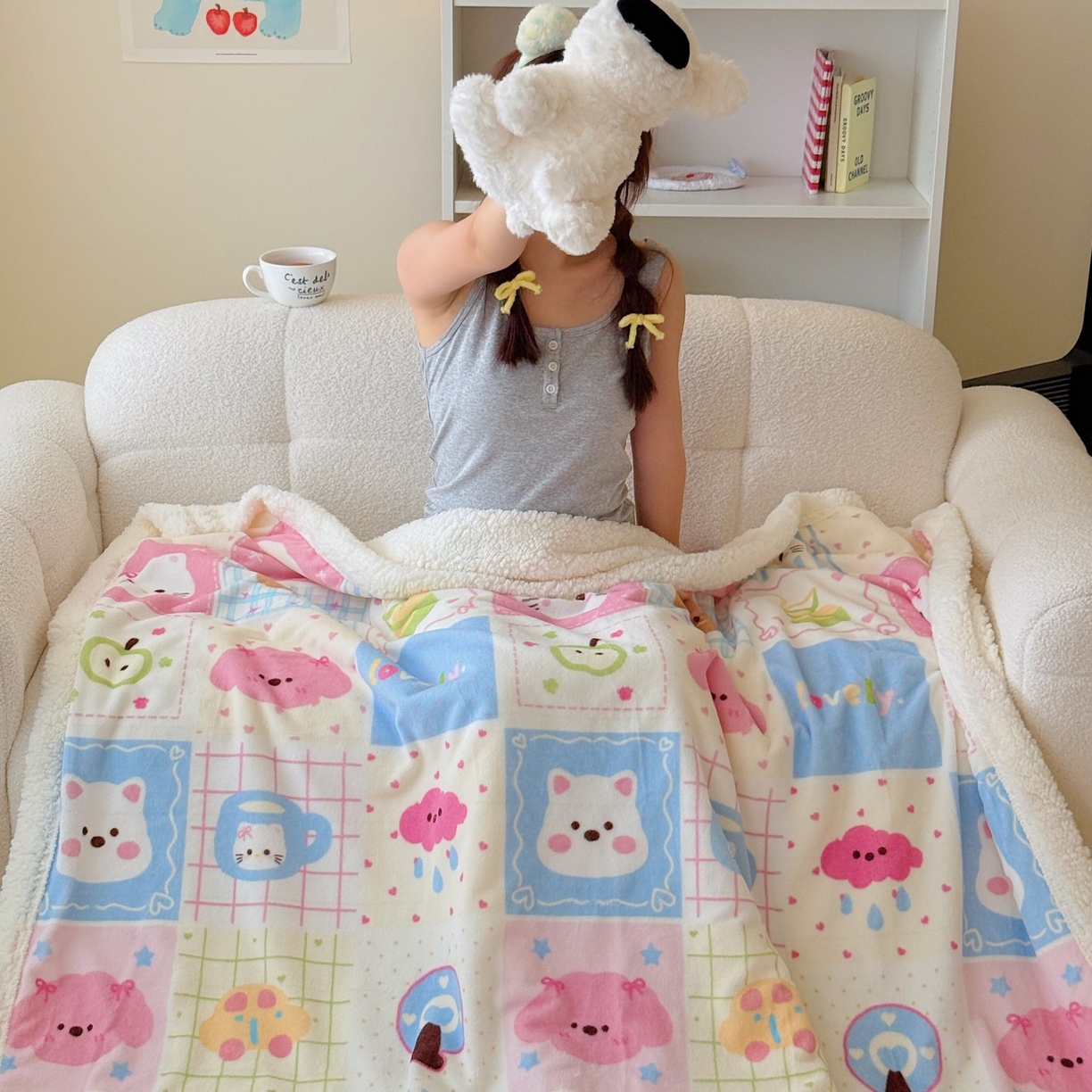 91家纺网 家纺一手货源 找家纺 顾里家纺 2025新款ins韩系少女牛奶羊羔绒盖毯毛毯 拼接猫狗