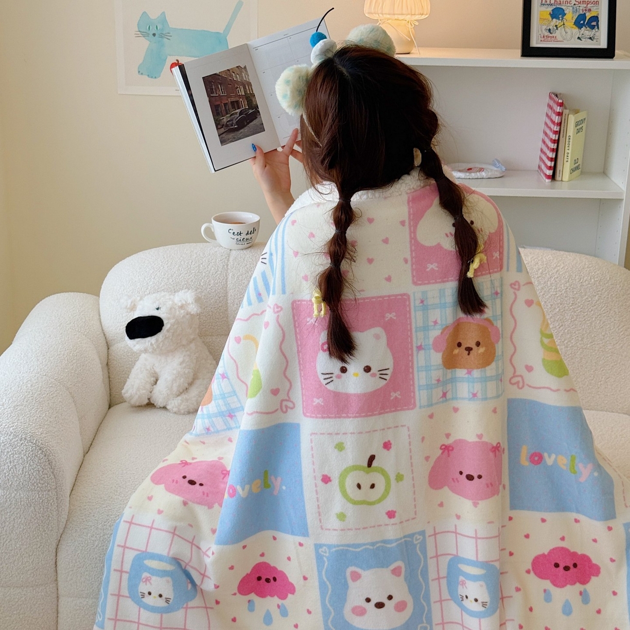 91家纺网 家纺一手货源 找家纺 顾里家纺 2025新款ins韩系少女牛奶羊羔绒盖毯毛毯 拼接猫狗