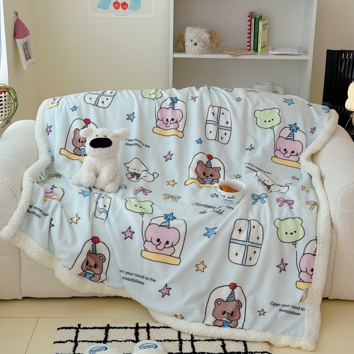 91家纺网 家纺一手货源 找家纺 顾里家纺 2025新款ins韩系少女牛奶羊羔绒盖毯毛毯 漫画小熊