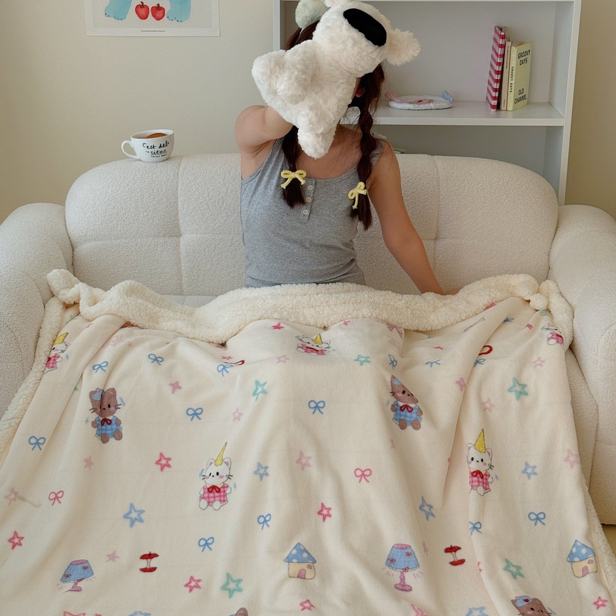 91家纺网 家纺一手货源 找家纺 顾里家纺 2025新款ins韩系少女牛奶羊羔绒盖毯毛毯 画板猫咪