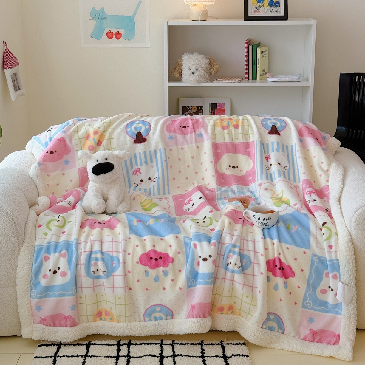 91家纺网 家纺一手货源 找家纺 顾里家纺 2025新款ins韩系少女牛奶羊羔绒盖毯毛毯 拼接猫狗