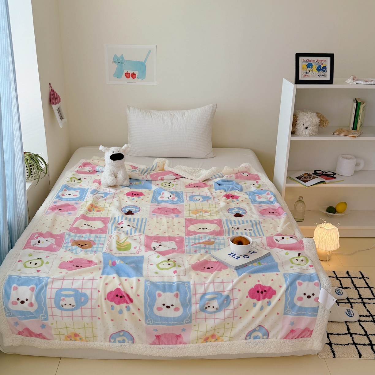 91家纺网 家纺一手货源 找家纺 顾里家纺 2025新款ins韩系少女牛奶羊羔绒盖毯毛毯 拼接猫狗