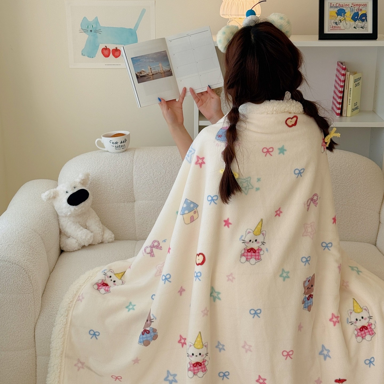 91家纺网 家纺一手货源 找家纺 顾里家纺 2025新款ins韩系少女牛奶羊羔绒盖毯毛毯 画板猫咪