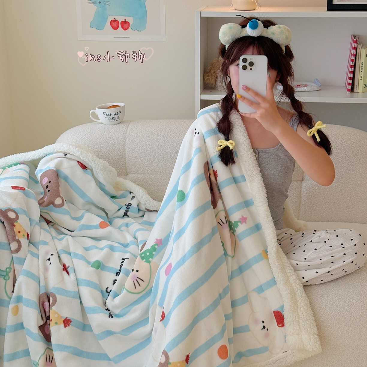 顾里家纺 2025新款ins韩系少女牛奶羊羔绒盖毯毛毯 ins小动物