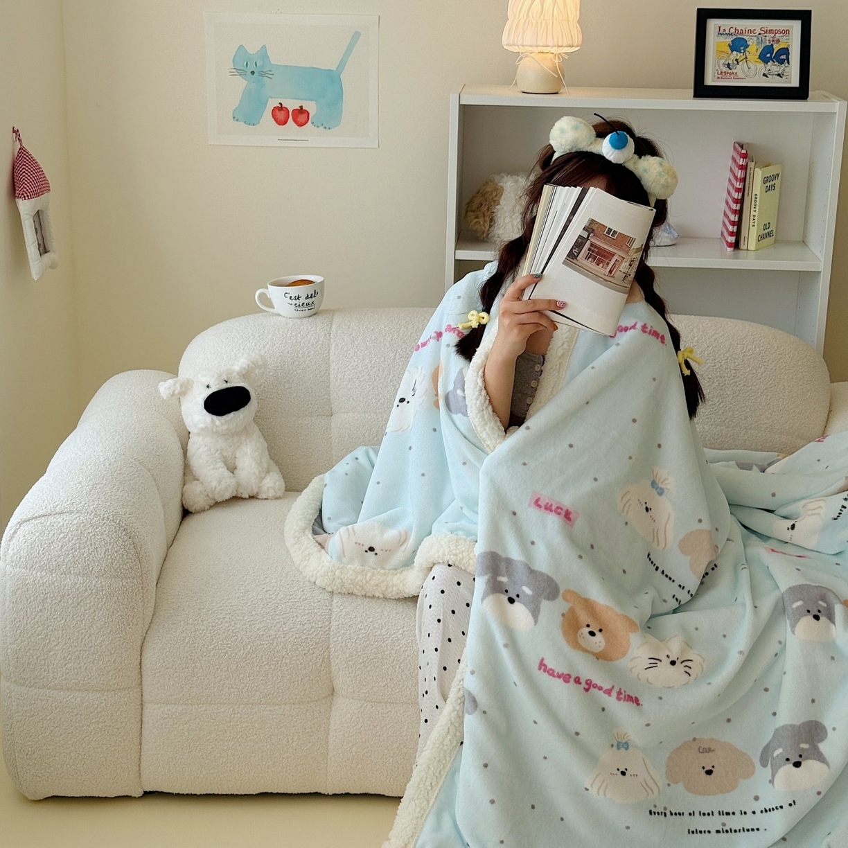 91家纺网 家纺一手货源 找家纺 顾里家纺 2025新款ins韩系少女牛奶羊羔绒盖毯毛毯 ins狗狗