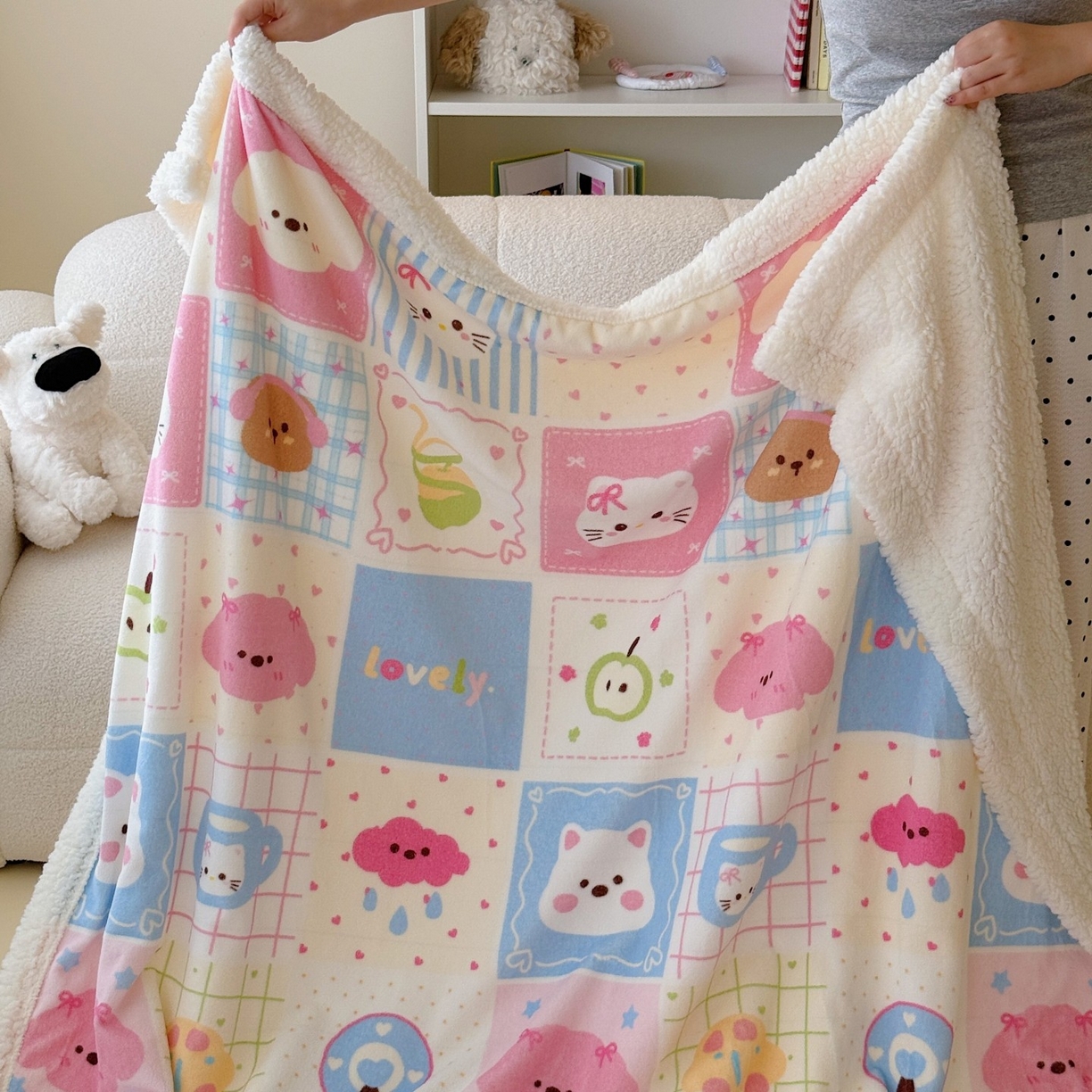 91家纺网 家纺一手货源 找家纺 顾里家纺 2025新款ins韩系少女牛奶羊羔绒盖毯毛毯 拼接猫狗