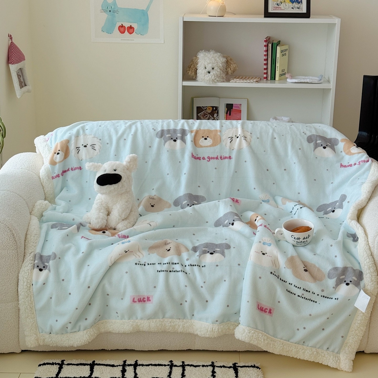 91家纺网 家纺一手货源 找家纺 顾里家纺 2025新款ins韩系少女牛奶羊羔绒盖毯毛毯 ins狗狗