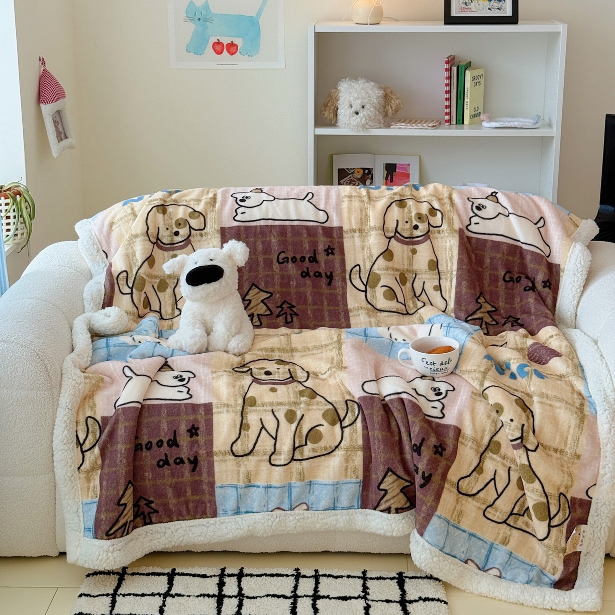 91家纺网 家纺一手货源 找家纺 顾里家纺 2025新款ins韩系少女牛奶羊羔绒盖毯毛毯 美式狗仔