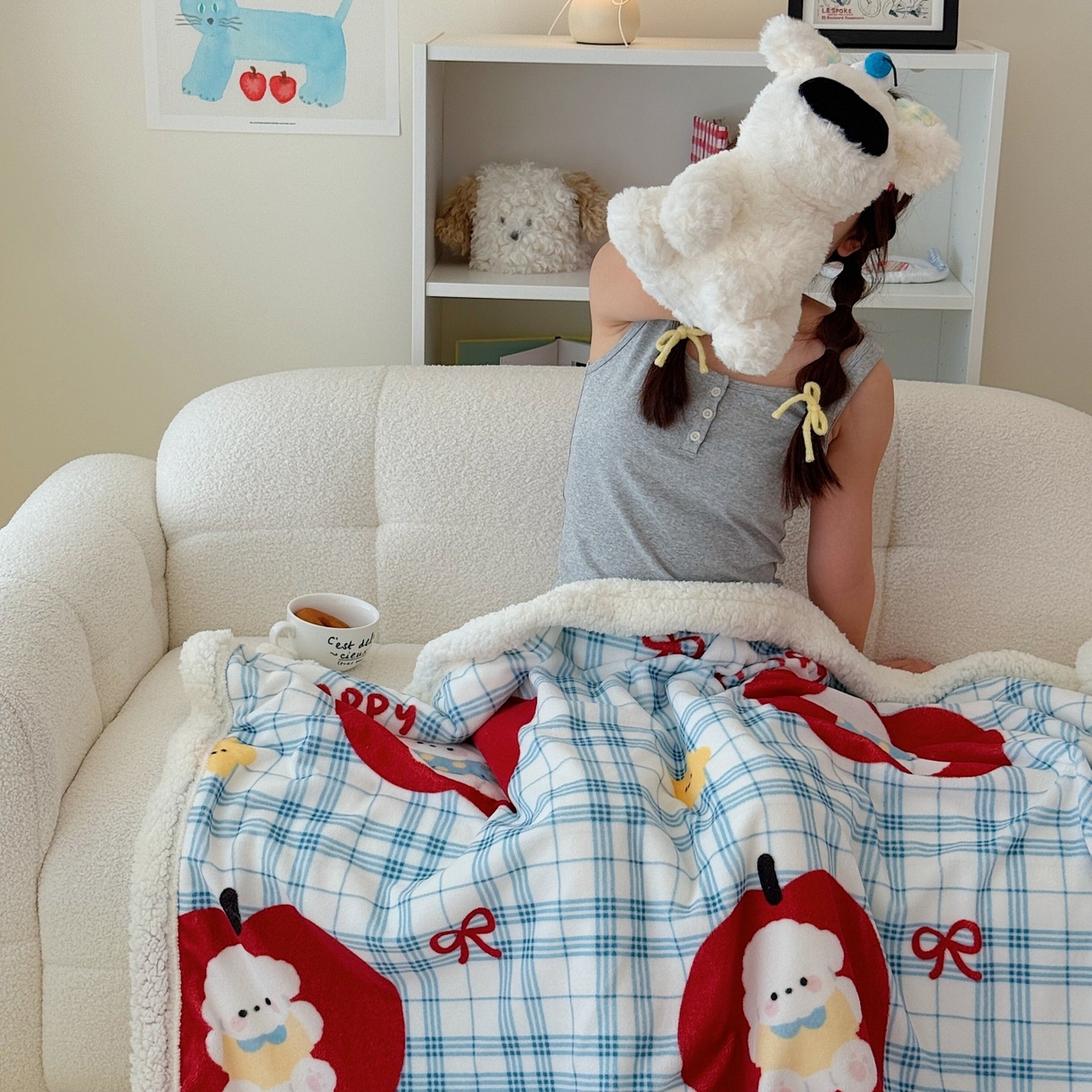 91家纺网 家纺一手货源 找家纺 顾里家纺 2025新款ins韩系少女牛奶羊羔绒盖毯毛毯 苹果狗狗