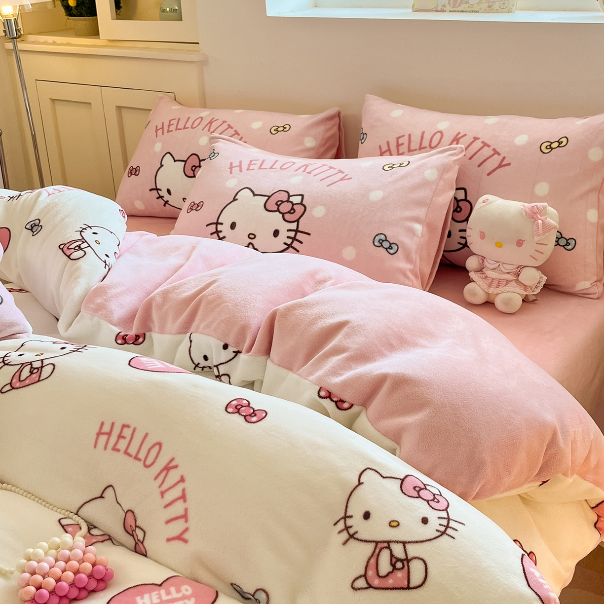 金爱家 2025新品正版三丽鸥授权Kitty数码大版枕套混搭卡通加厚高克重牛奶绒系列四件 绒三丽鸥-混搭粉心KT