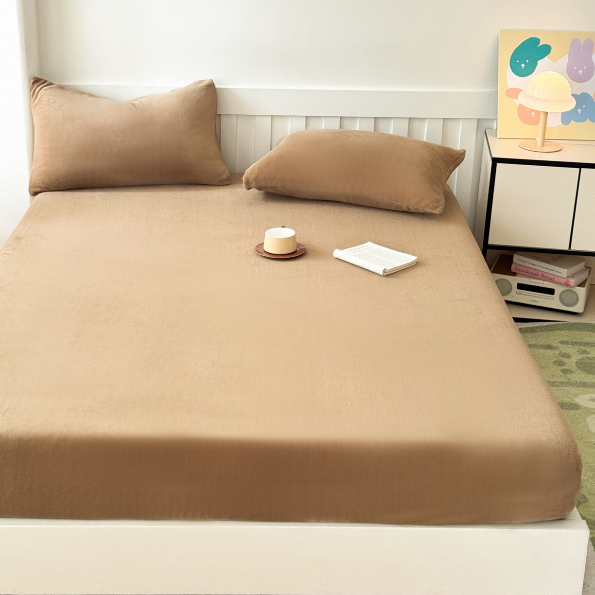 91家纺网 家纺一手货源 找家纺 富阿娜家纺 2025新款牛奶绒纯色床笠三件套 咖色