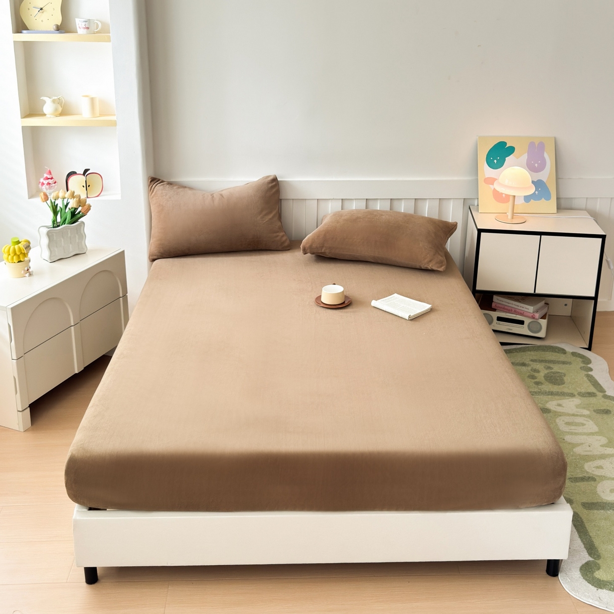 91家纺网 家纺一手货源 找家纺 富阿娜家纺 2025新款牛奶绒纯色床笠三件套 咖色