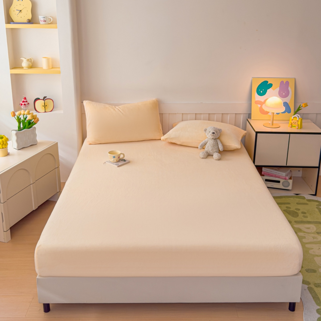 91家纺网 家纺一手货源 找家纺 富阿娜家纺 2025新款牛奶绒纯色床笠三件套 奶盐黄