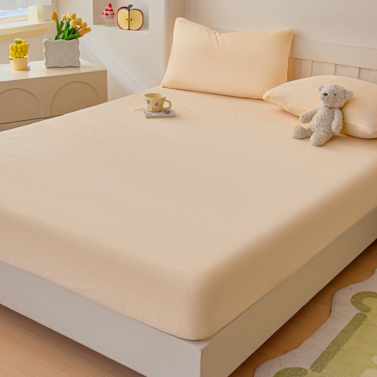 91家纺网 家纺一手货源 找家纺 富阿娜家纺 2025新款牛奶绒纯色床笠三件套 奶盐黄