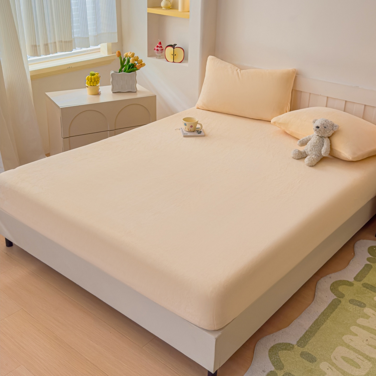 91家纺网 家纺一手货源 找家纺 富阿娜家纺 2025新款牛奶绒纯色床笠三件套 奶盐黄