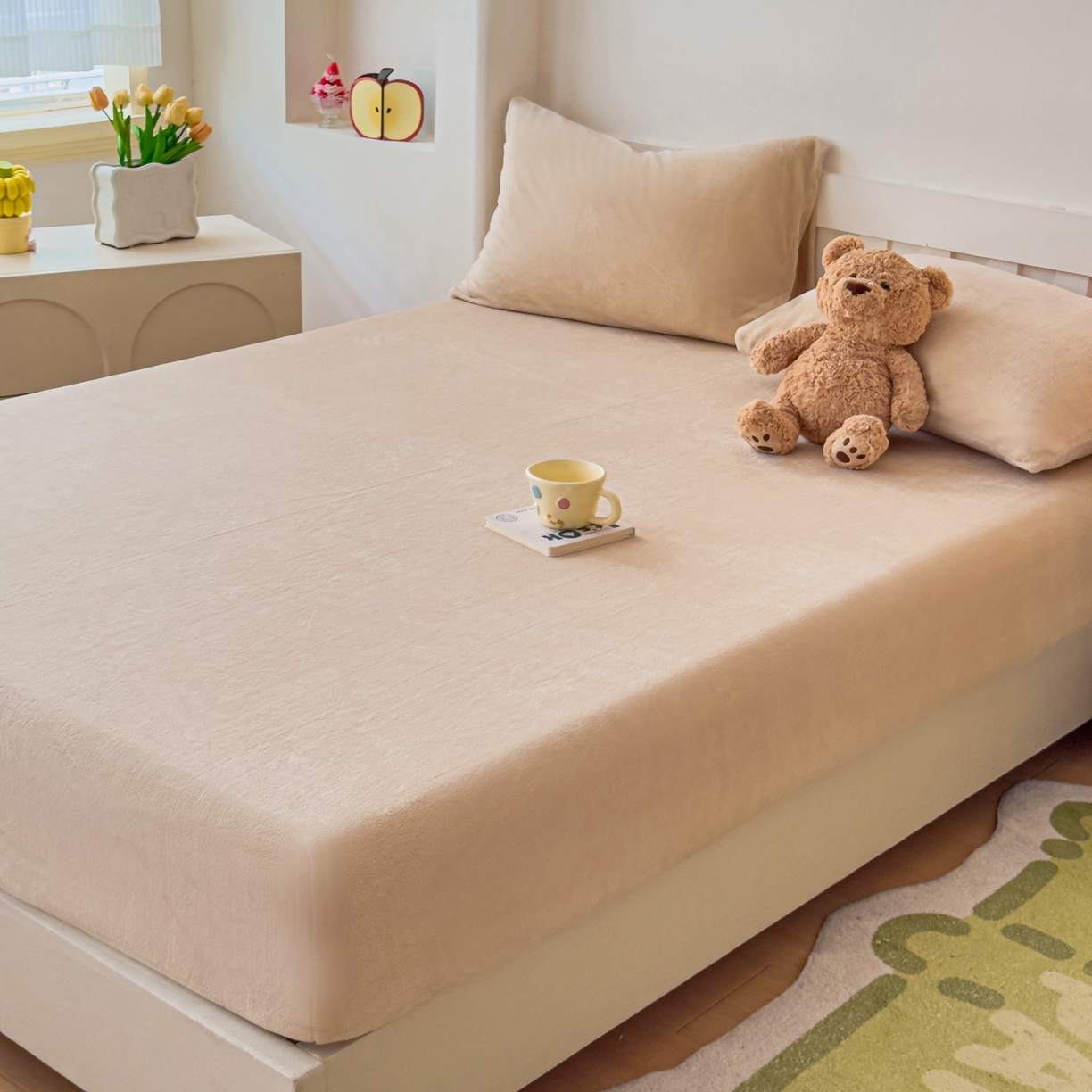 91家纺网 家纺一手货源 找家纺 富阿娜家纺 2025新款牛奶绒纯色床笠三件套 暖米杏