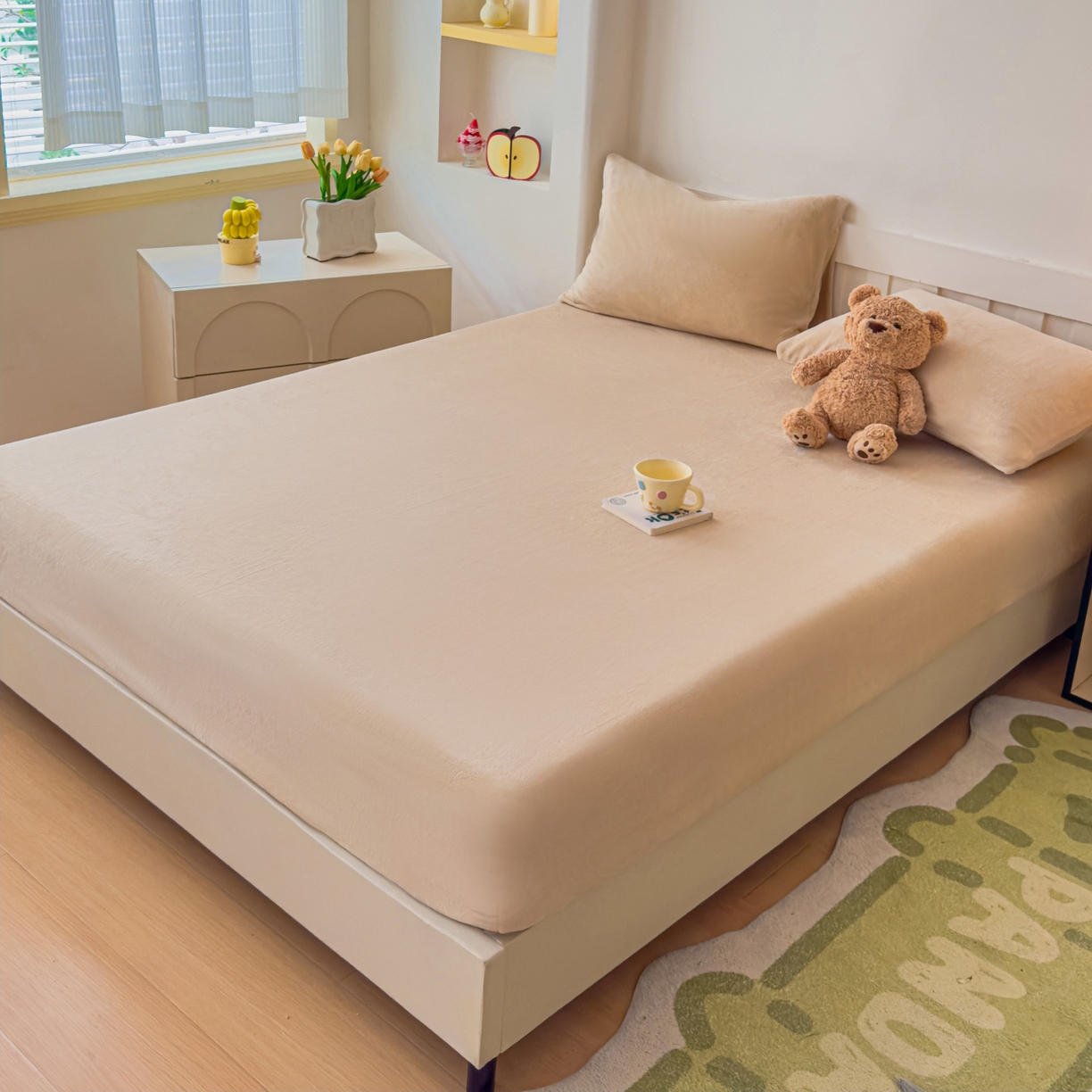 91家纺网 家纺一手货源 找家纺 富阿娜家纺 2025新款牛奶绒纯色床笠三件套 暖米杏