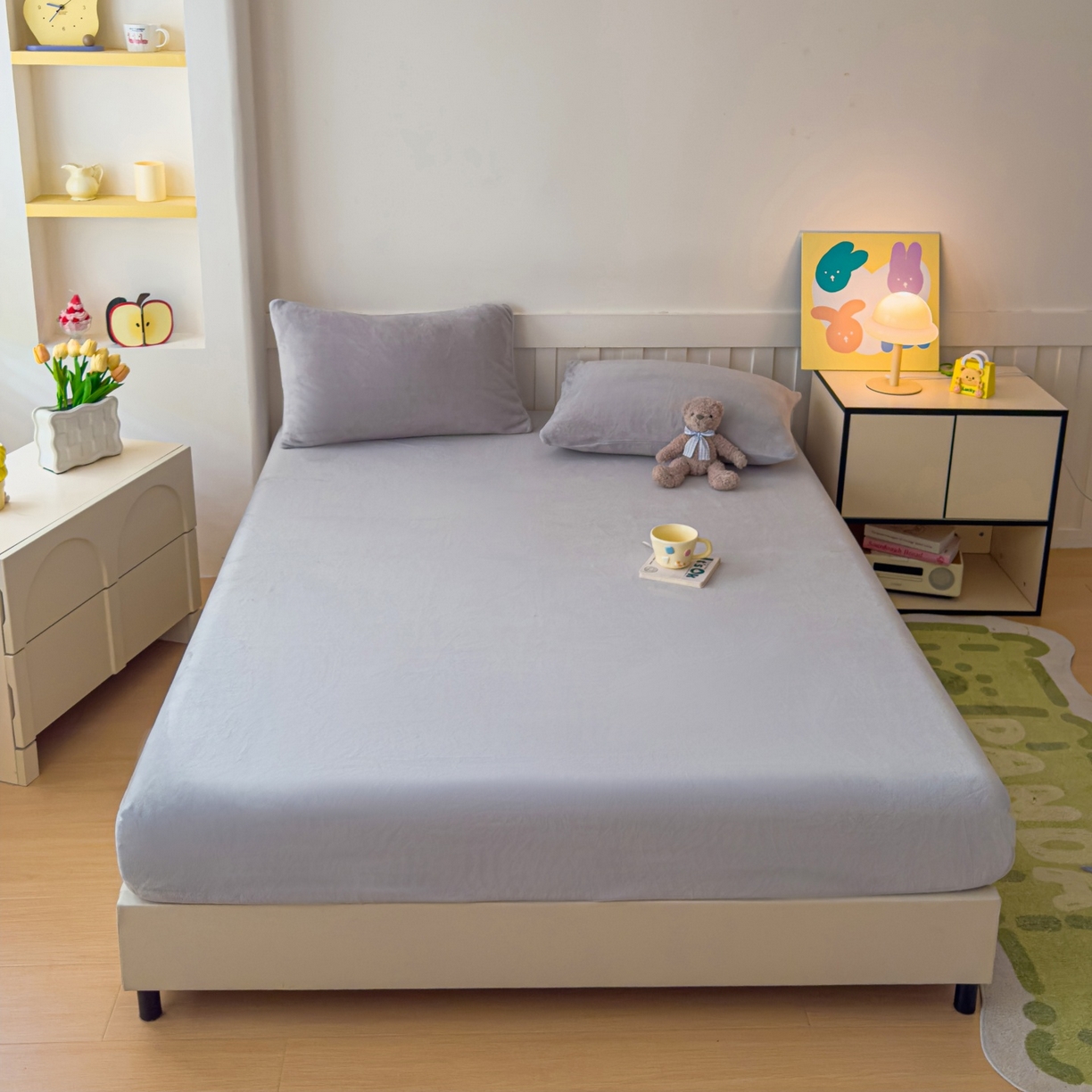 91家纺网 家纺一手货源 找家纺 富阿娜家纺 2025新款牛奶绒纯色床笠三件套 浅灰