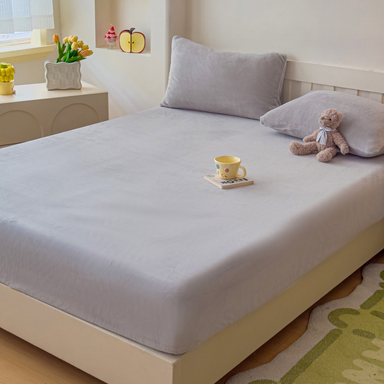 91家纺网 家纺一手货源 找家纺 富阿娜家纺 2025新款牛奶绒纯色床笠三件套 浅灰