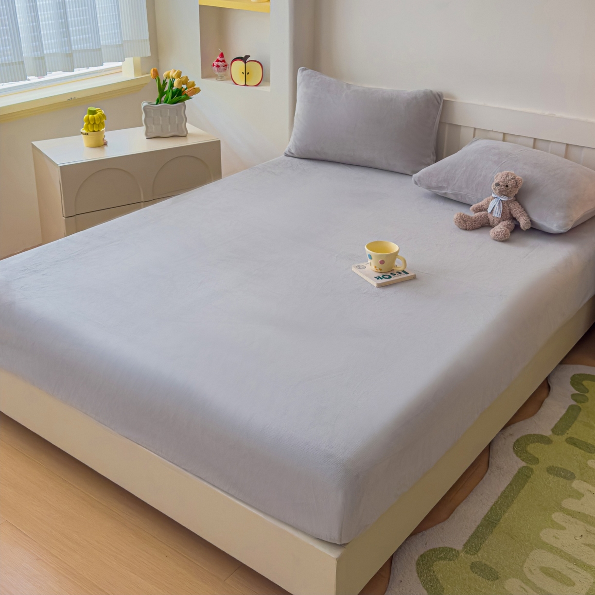 91家纺网 家纺一手货源 找家纺 富阿娜家纺 2025新款牛奶绒纯色床笠三件套 浅灰