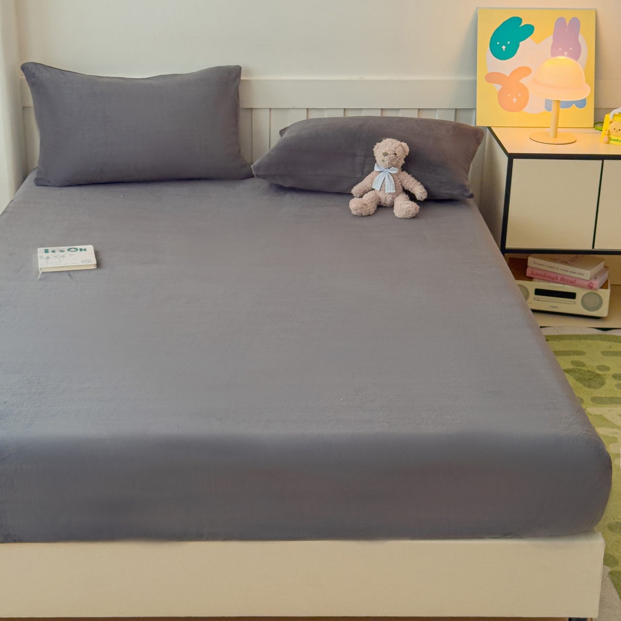 91家纺网 家纺一手货源 找家纺 富阿娜家纺 2025新款牛奶绒纯色床笠三件套 深灰