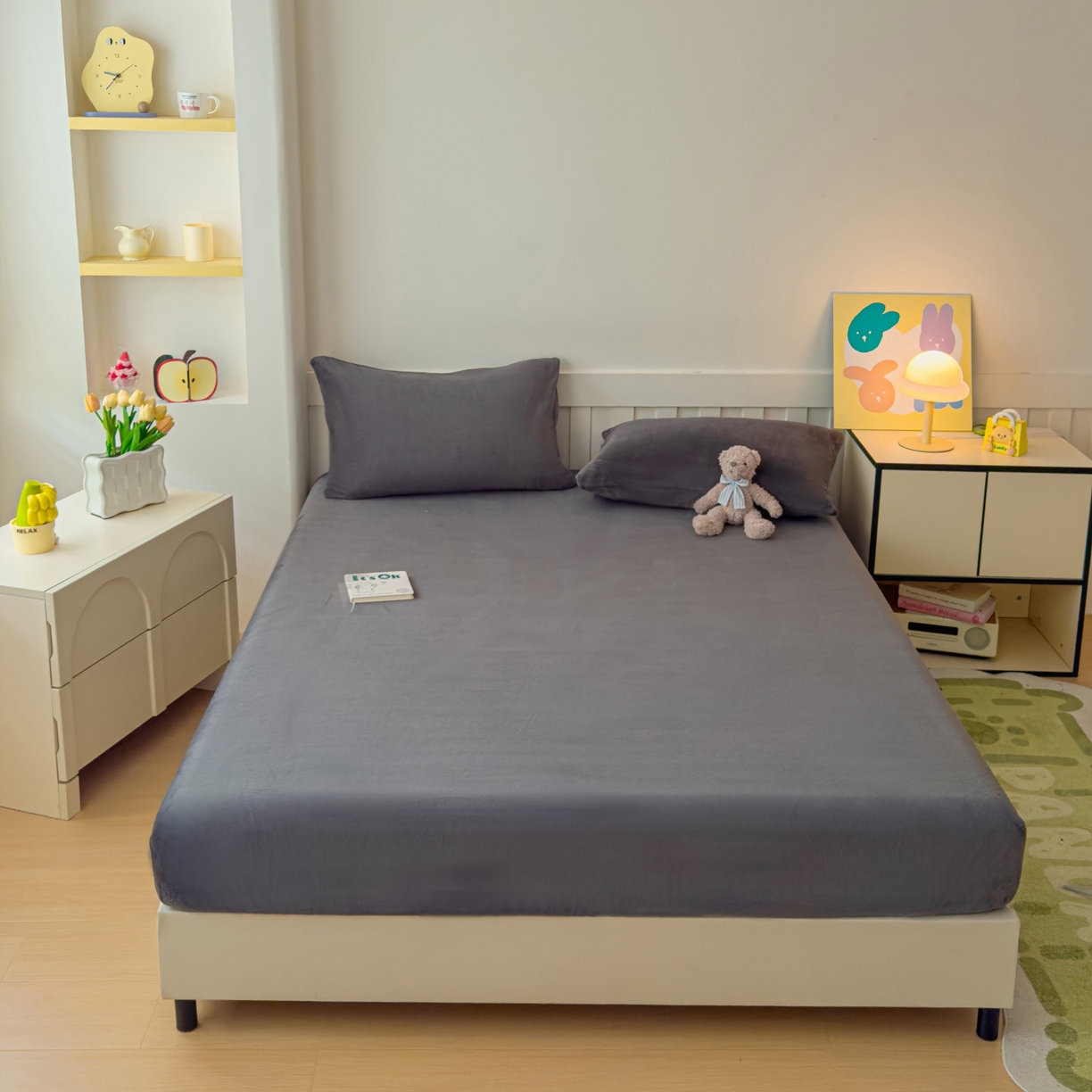 91家纺网 家纺一手货源 找家纺 富阿娜家纺 2025新款牛奶绒纯色床笠三件套 深灰