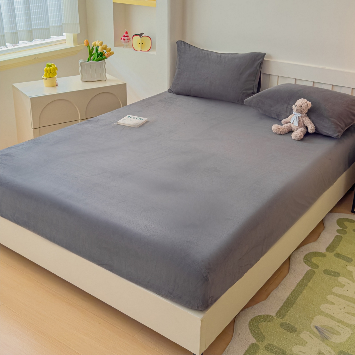 91家纺网 家纺一手货源 找家纺 富阿娜家纺 2025新款牛奶绒纯色床笠三件套 深灰