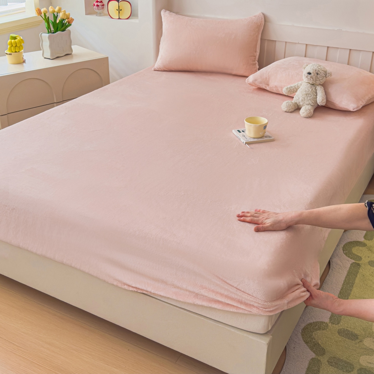 富阿娜家纺 2025新款牛奶绒纯色床笠三件套 樱花粉