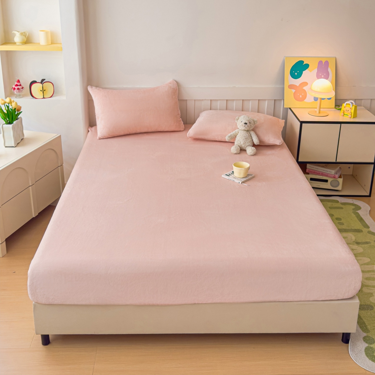 91家纺网 家纺一手货源 找家纺 富阿娜家纺 2025新款牛奶绒纯色床笠三件套 樱花粉