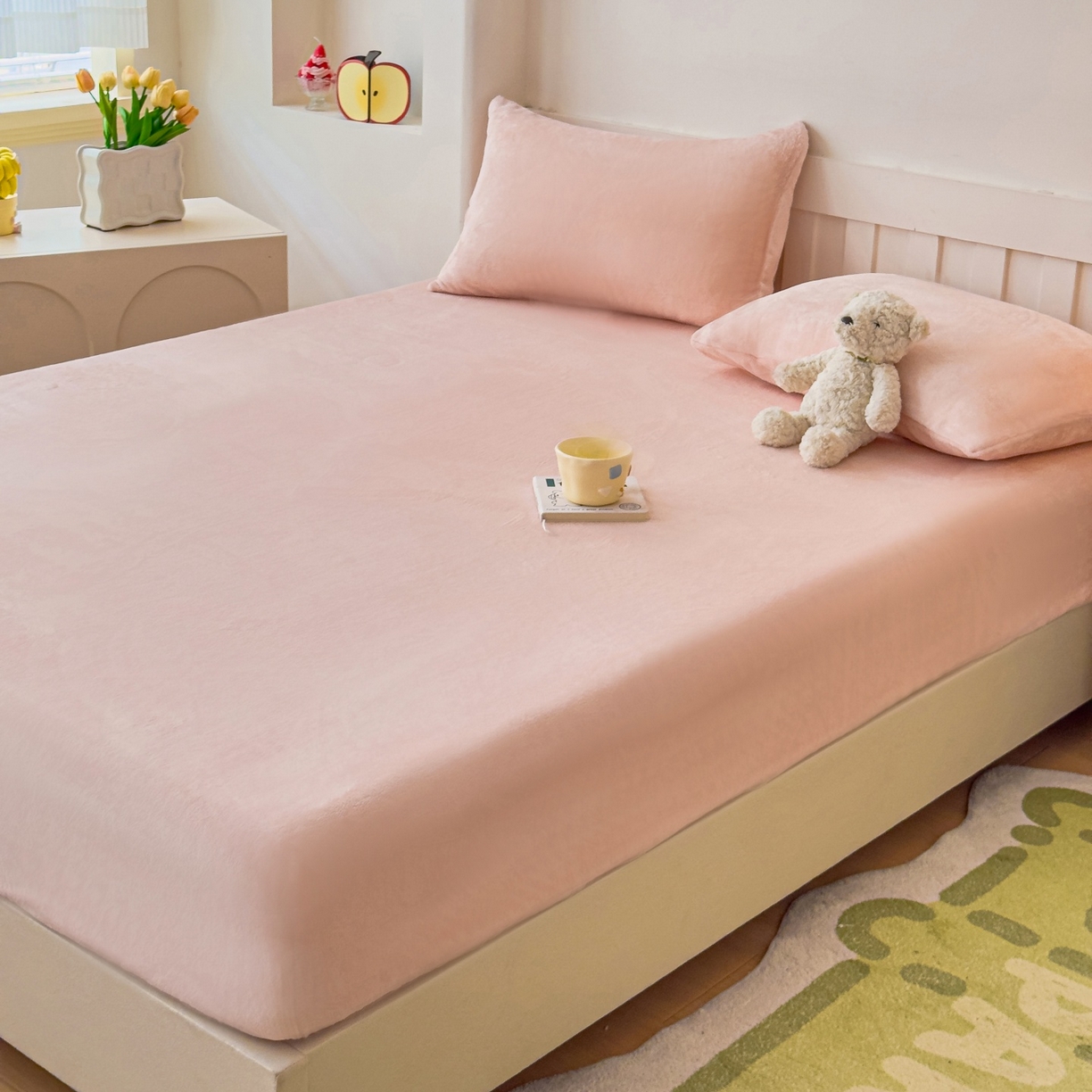 91家纺网 家纺一手货源 找家纺 富阿娜家纺 2025新款牛奶绒纯色床笠三件套 樱花粉