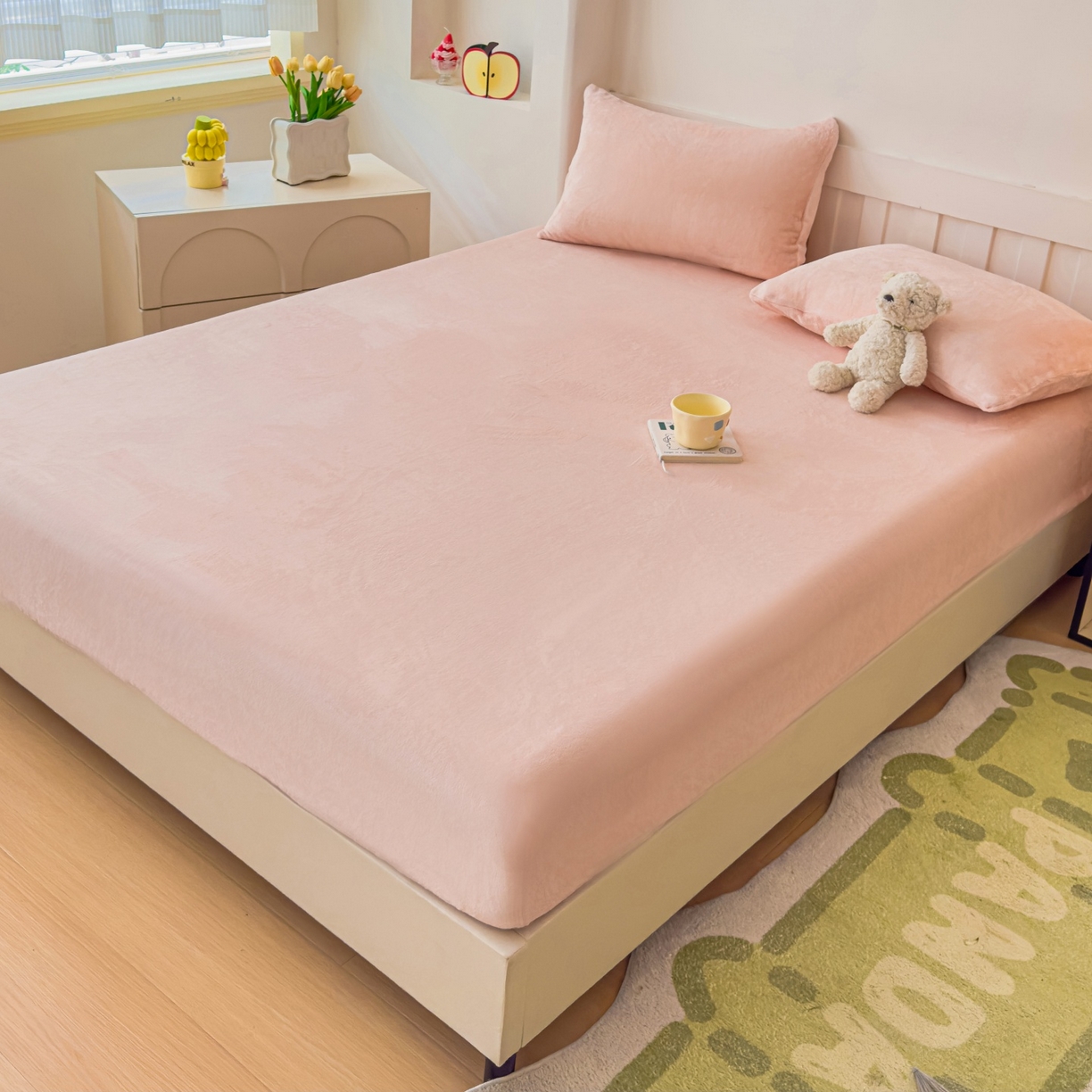 91家纺网 家纺一手货源 找家纺 富阿娜家纺 2025新款牛奶绒纯色床笠三件套 樱花粉