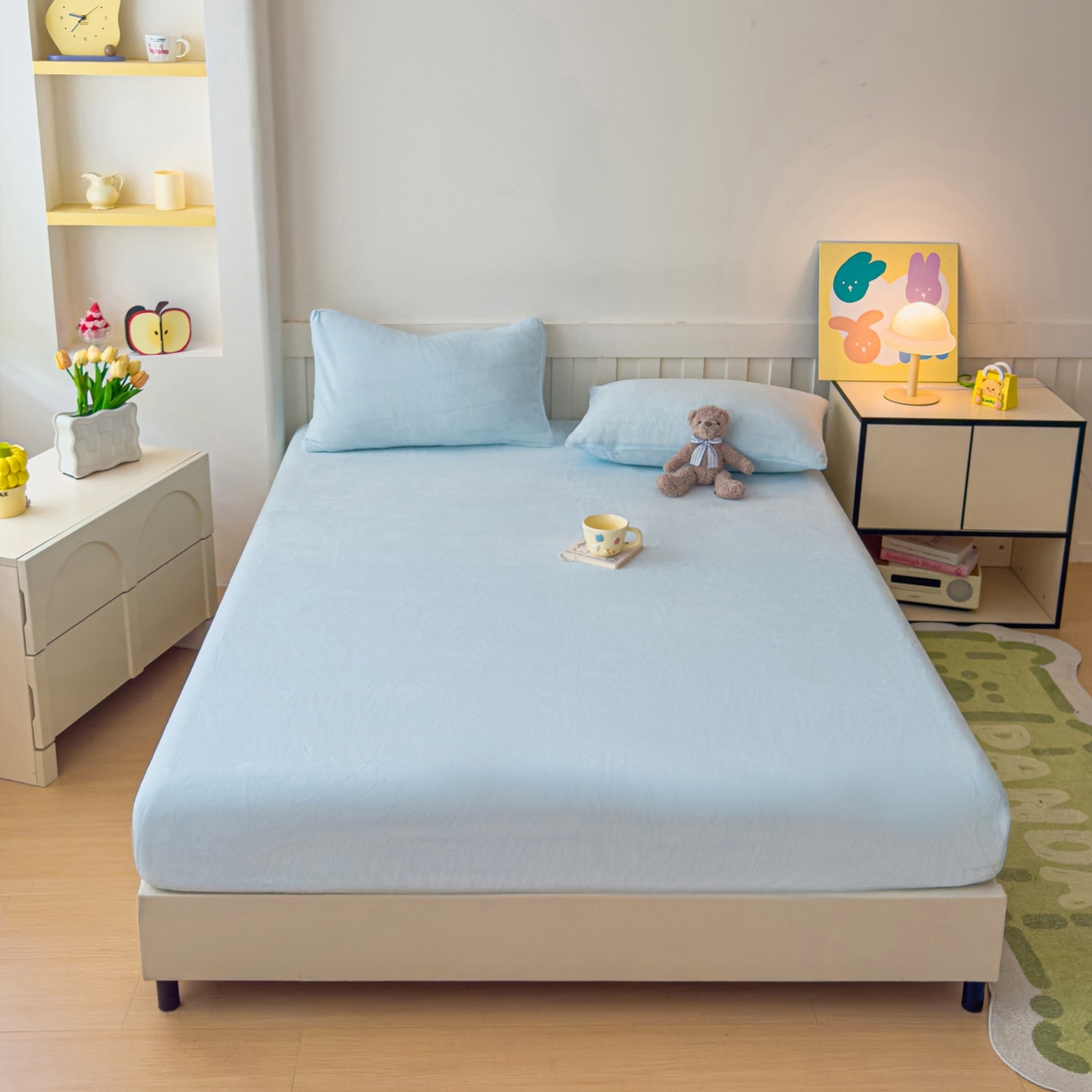 91家纺网 家纺一手货源 找家纺 富阿娜家纺 2025新款牛奶绒纯色床笠三件套 月光蓝