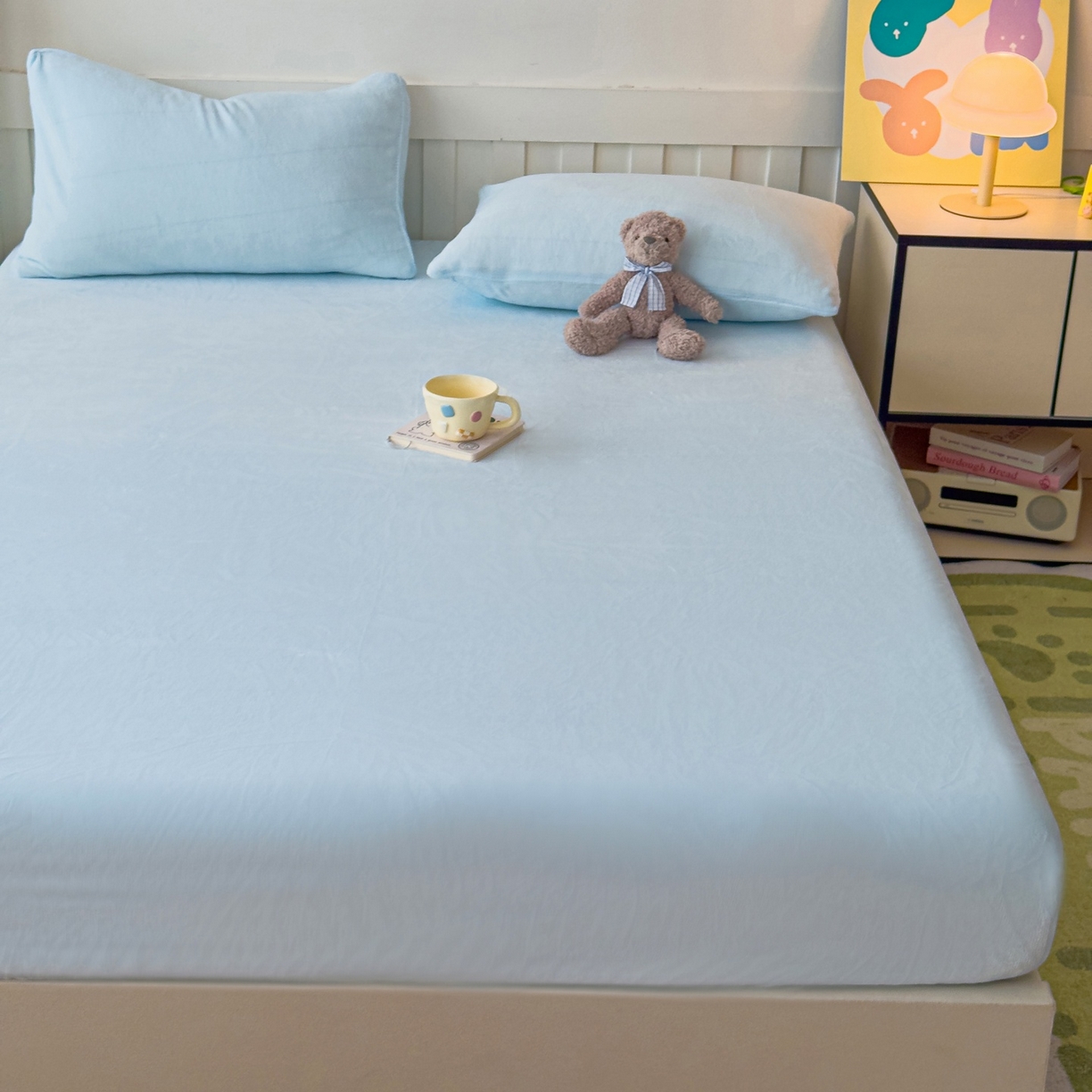 91家纺网 家纺一手货源 找家纺 富阿娜家纺 2025新款牛奶绒纯色床笠三件套 月光蓝