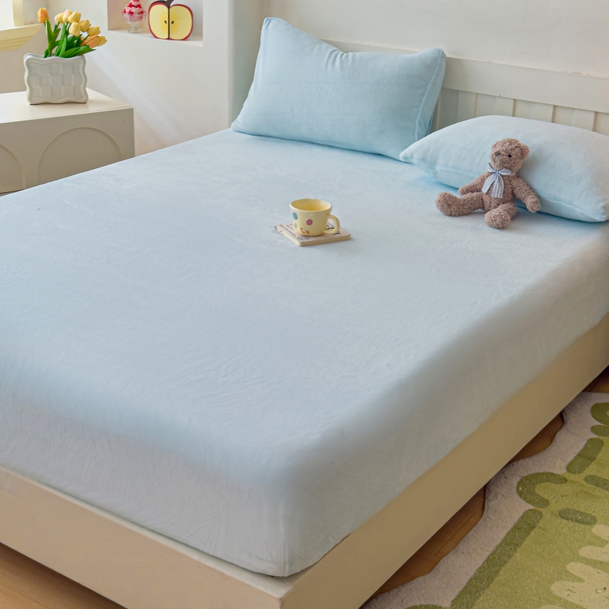 91家纺网 家纺一手货源 找家纺 富阿娜家纺 2025新款牛奶绒纯色床笠三件套 月光蓝