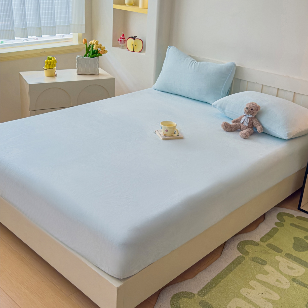 91家纺网 家纺一手货源 找家纺 富阿娜家纺 2025新款牛奶绒纯色床笠三件套 月光蓝