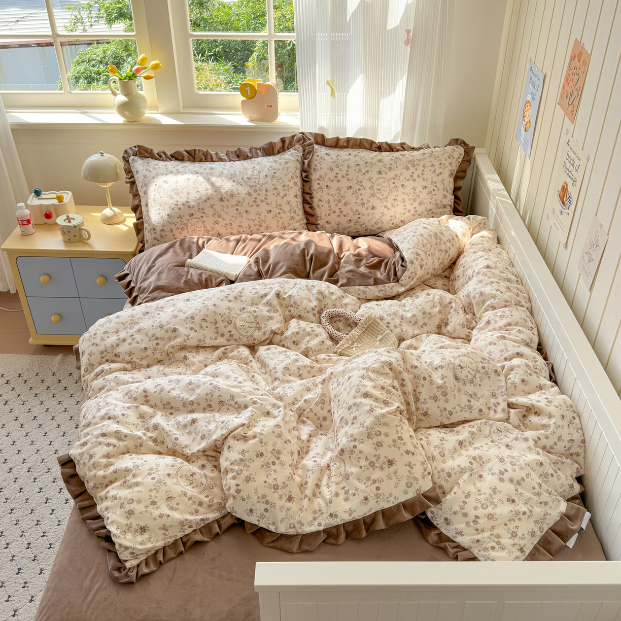 91家纺网 家纺一手货源 找家纺 淑女公社家纺 2025秋冬新款纯棉双层纱加韩国绒四件套 花园秘兔 咖