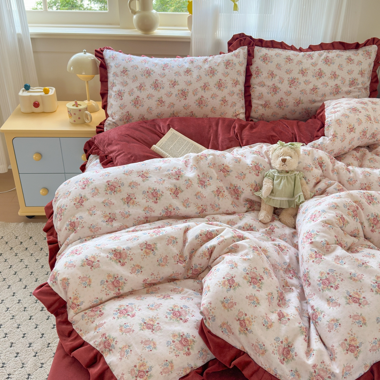 91家纺网 家纺一手货源 找家纺 淑女公社家纺 2025秋冬新款纯棉双层纱加韩国绒四件套 繁花