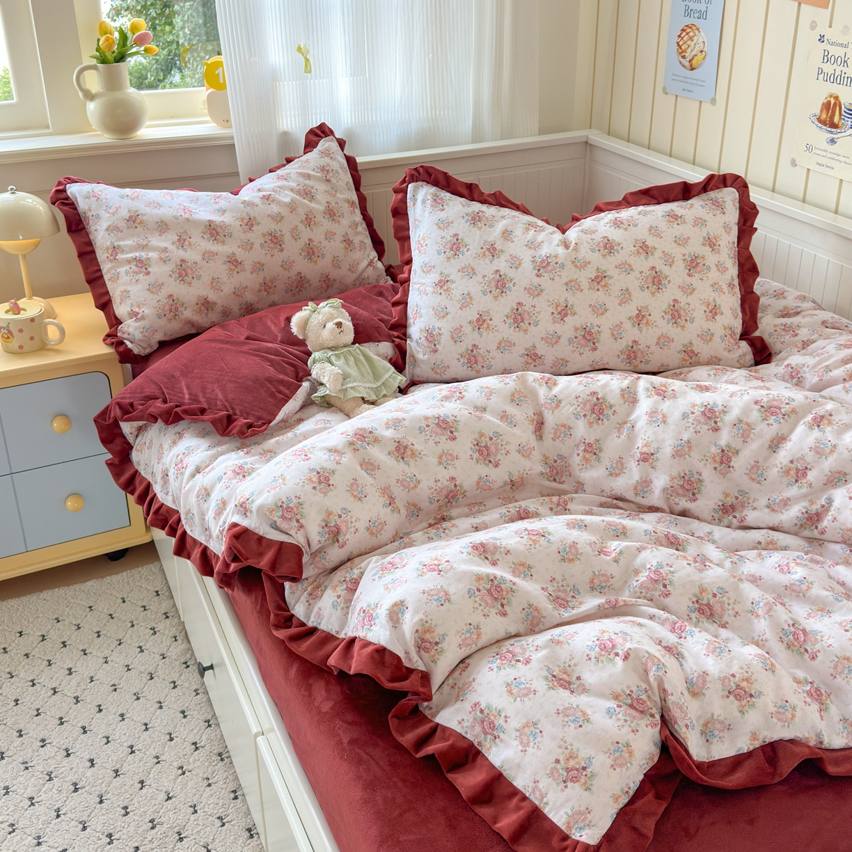 91家纺网 家纺一手货源 找家纺 淑女公社家纺 2025秋冬新款纯棉双层纱加韩国绒四件套 繁花