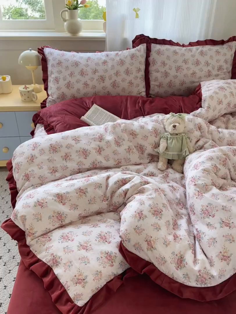 91家纺网 家纺一手货源 找家纺 淑女公社家纺 2025秋冬新款纯棉双层纱加韩国绒四件套 繁花