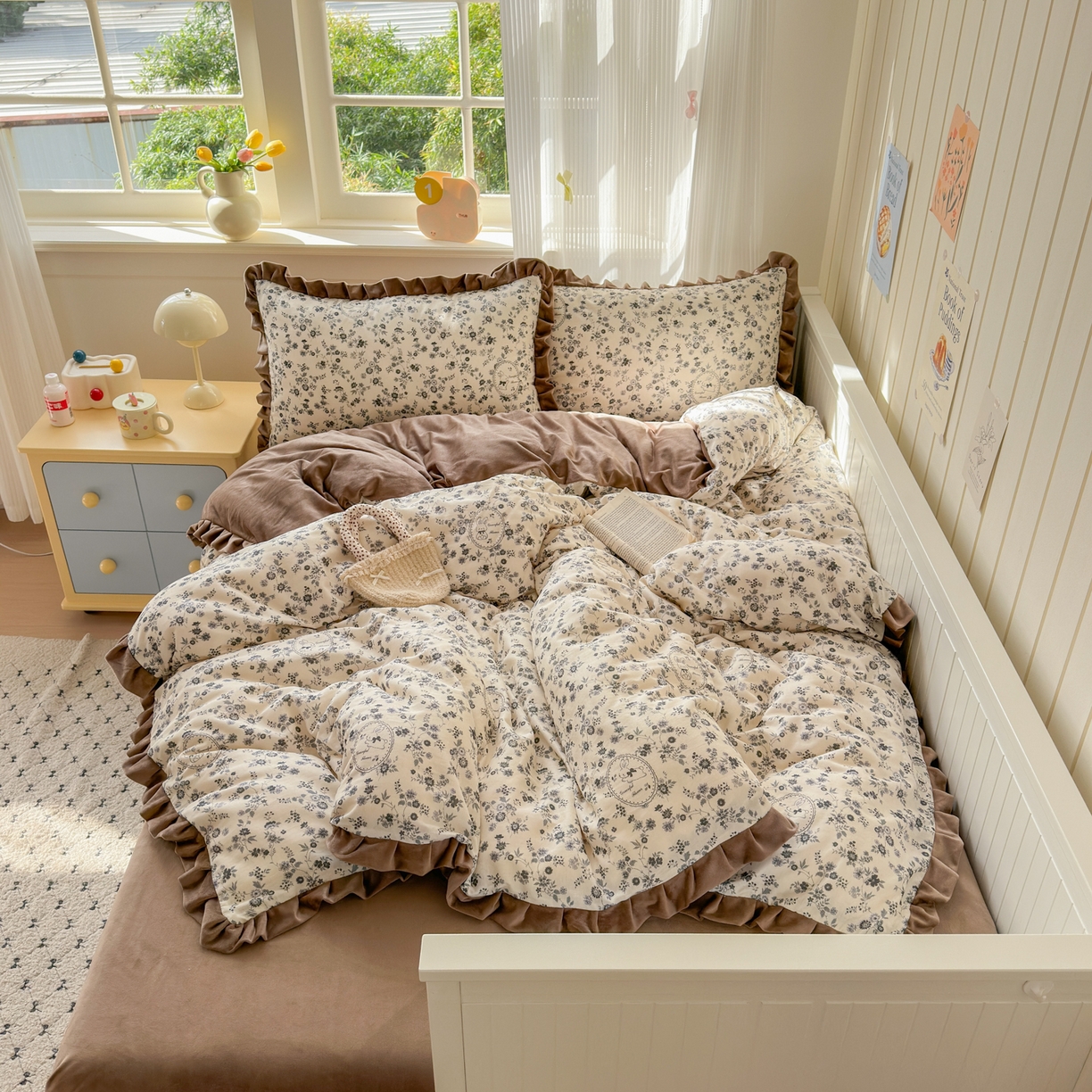 91家纺网 家纺一手货源 找家纺 淑女公社家纺 2025秋冬新款纯棉双层纱加韩国绒四件套 花园秘兔灰