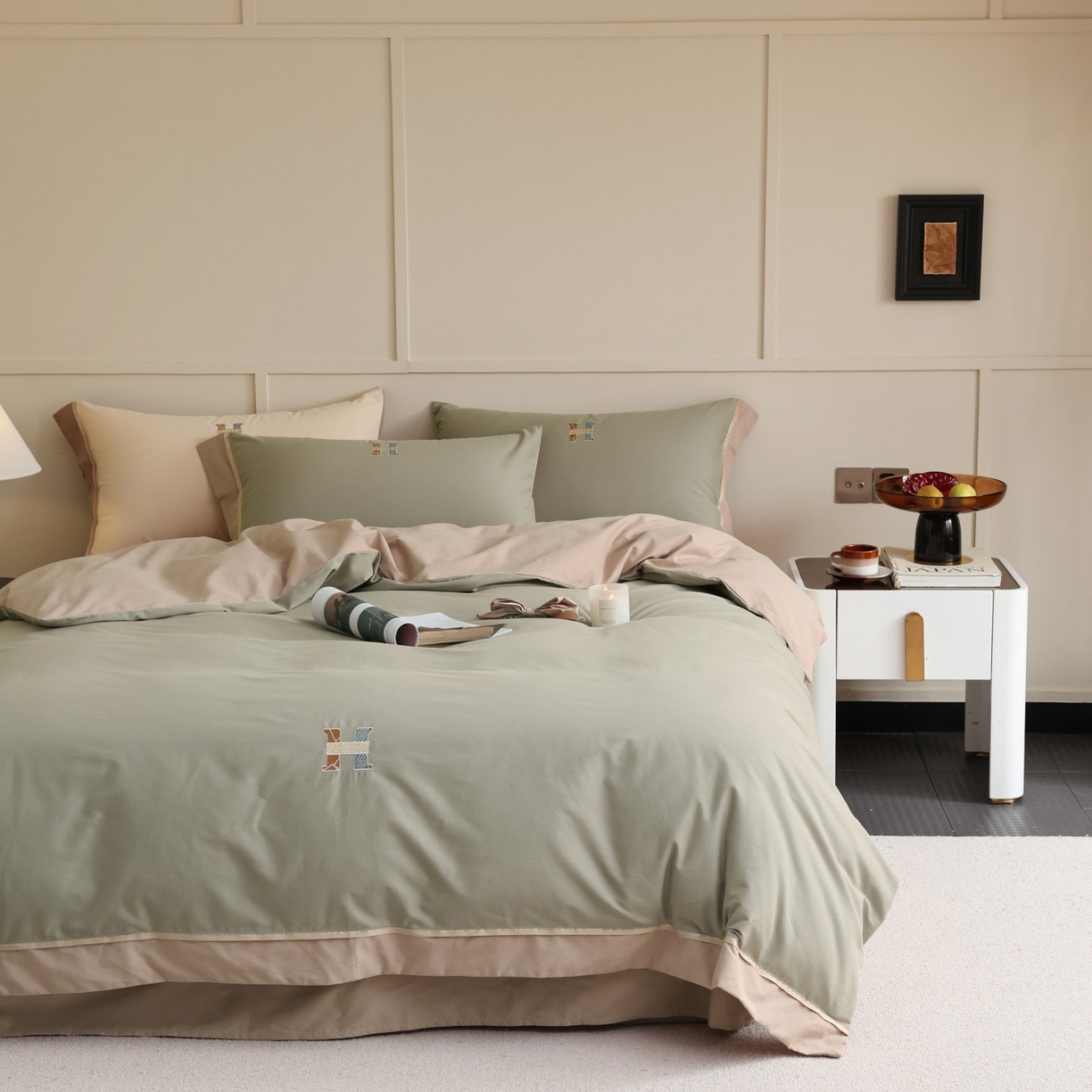 初拾 2025新款全棉磨毛小资系列绣花四件套-纽约日报（控价不低于368元 会员减 20） 纽约日报-抹茶慕斯