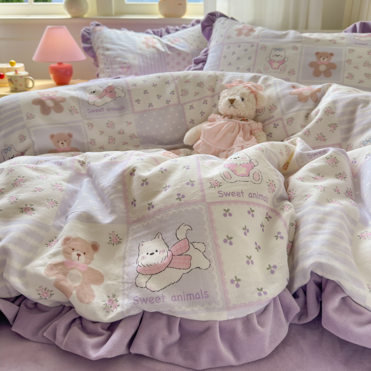 淑女公社家纺 2025秋冬新款纯棉双层纱加韩国绒四件套 欢乐熊