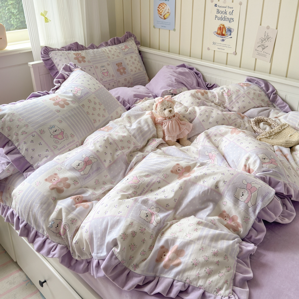 91家纺网 家纺一手货源 找家纺 淑女公社家纺 2025秋冬新款纯棉双层纱加韩国绒四件套 欢乐熊