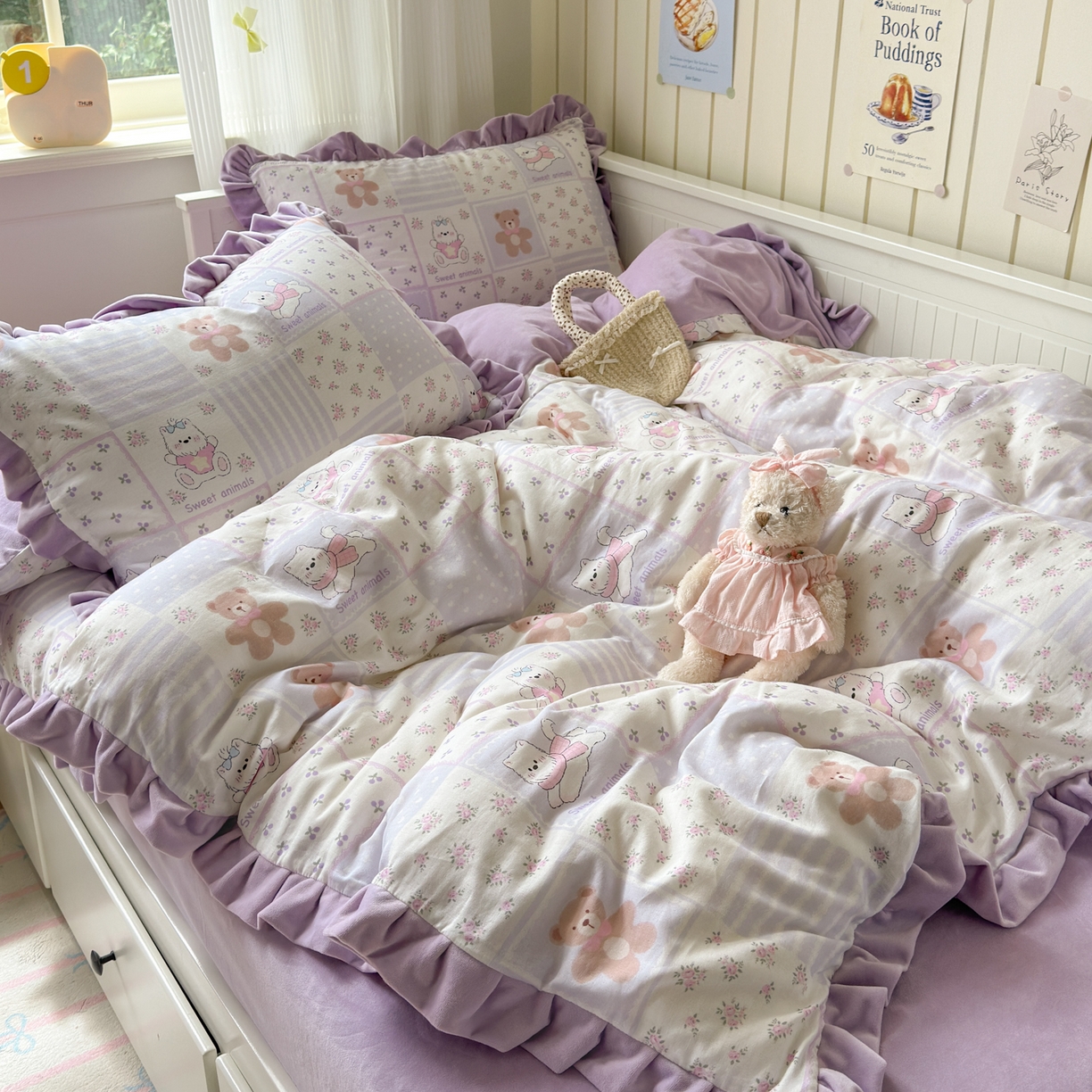 91家纺网 家纺一手货源 找家纺 淑女公社家纺 2025秋冬新款纯棉双层纱加韩国绒四件套 欢乐熊