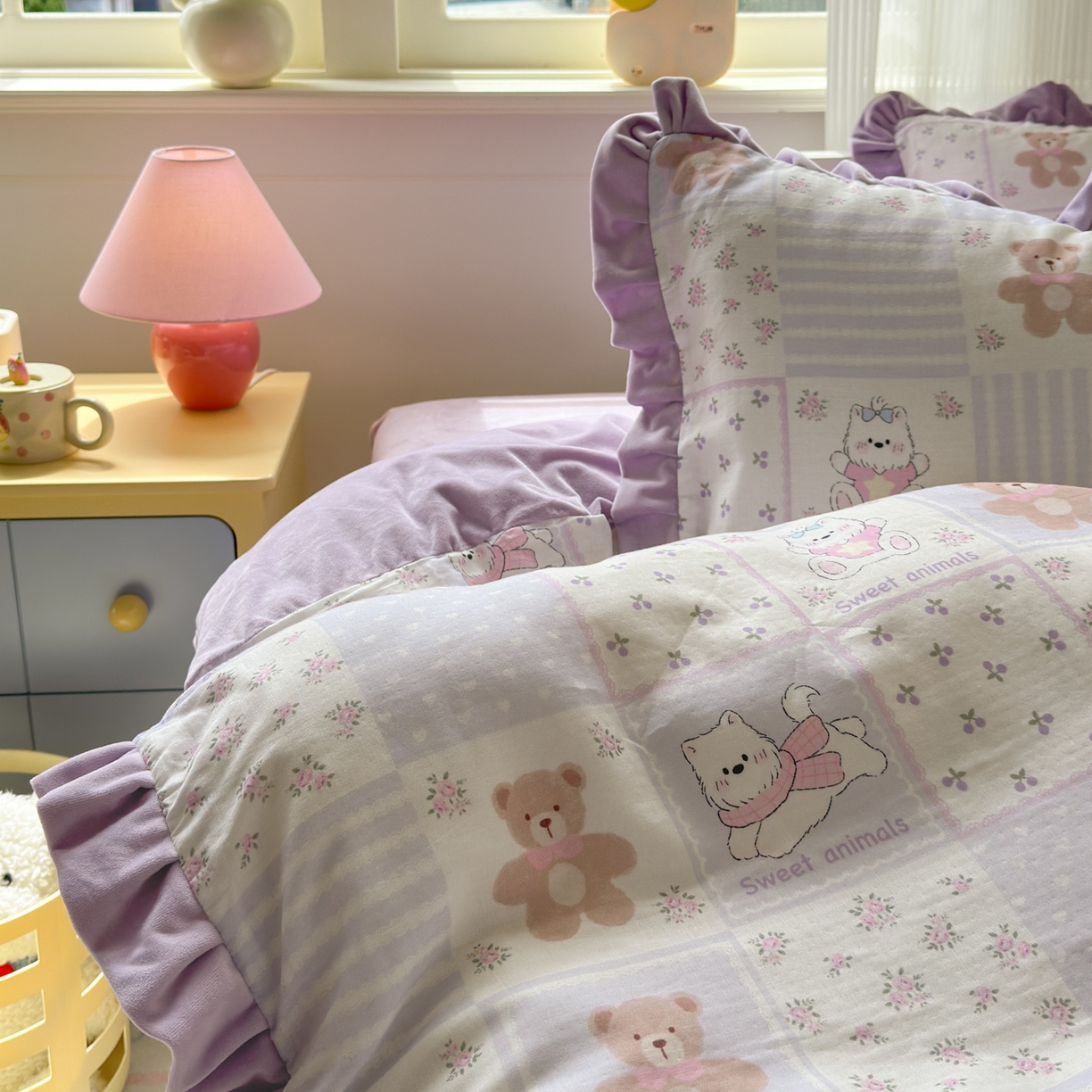 91家纺网 家纺一手货源 找家纺 淑女公社家纺 2025秋冬新款纯棉双层纱加韩国绒四件套 欢乐熊